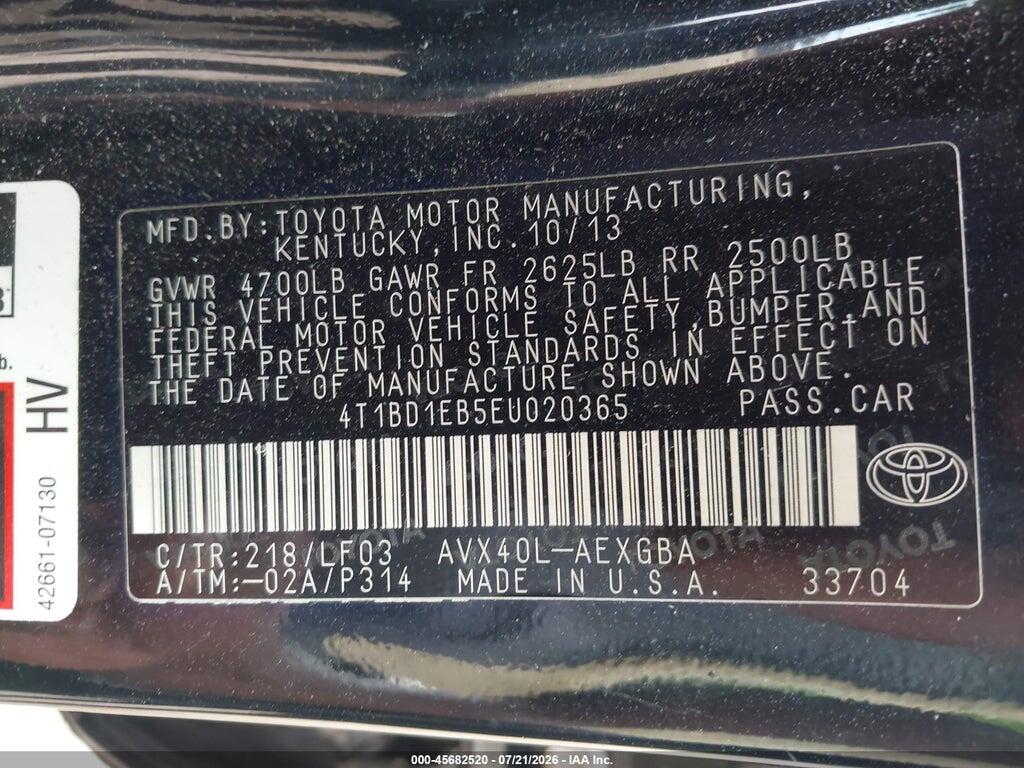 4T1BD1EB5EU020365 2014 TOYOTA AVALON HYBRID photo no. 9