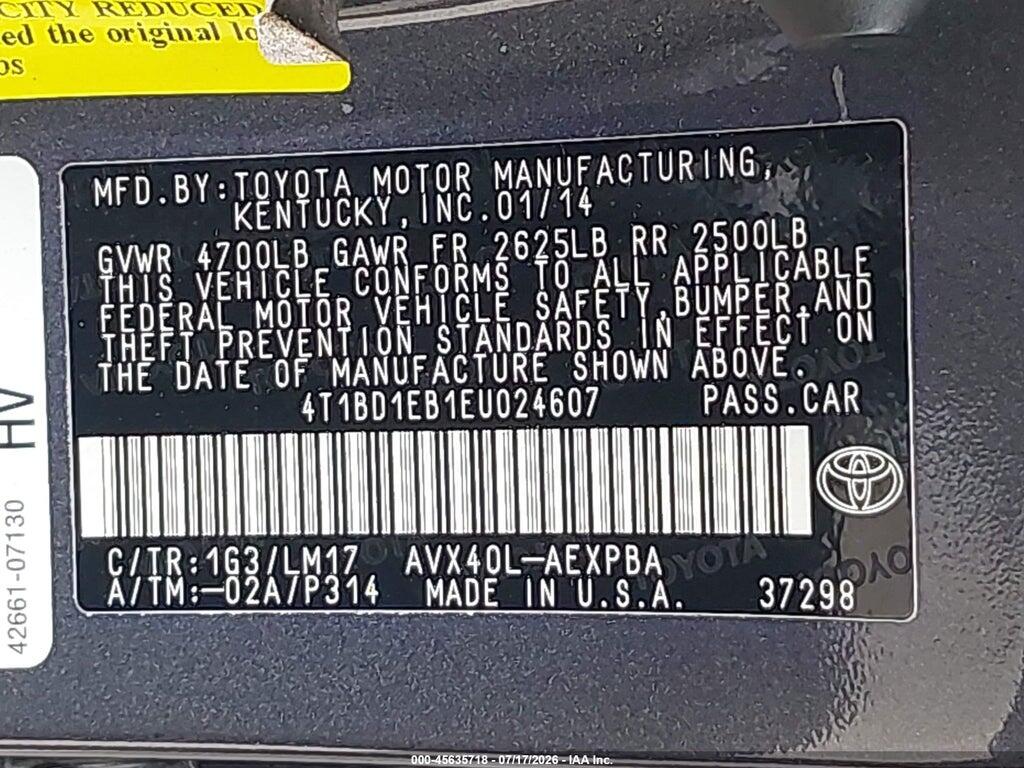 4T1BD1EB1EU024607 2014 TOYOTA AVALON HYBRID photo no. 9
