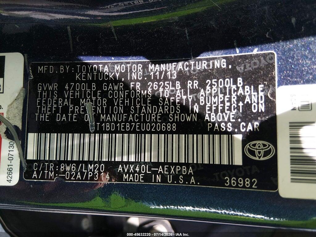 4T1BD1EB7EU020688 2014 TOYOTA AVALON HYBRID photo no. 9