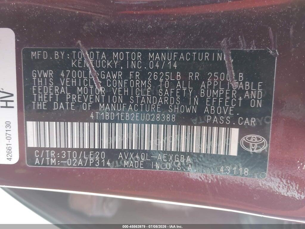 4T1BD1EB2EU028388 2014 TOYOTA AVALON HYBRID photo no. 9