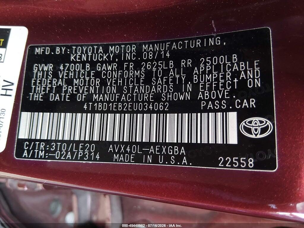 4T1BD1EB2EU034062 2014 TOYOTA AVALON HYBRID photo no. 9