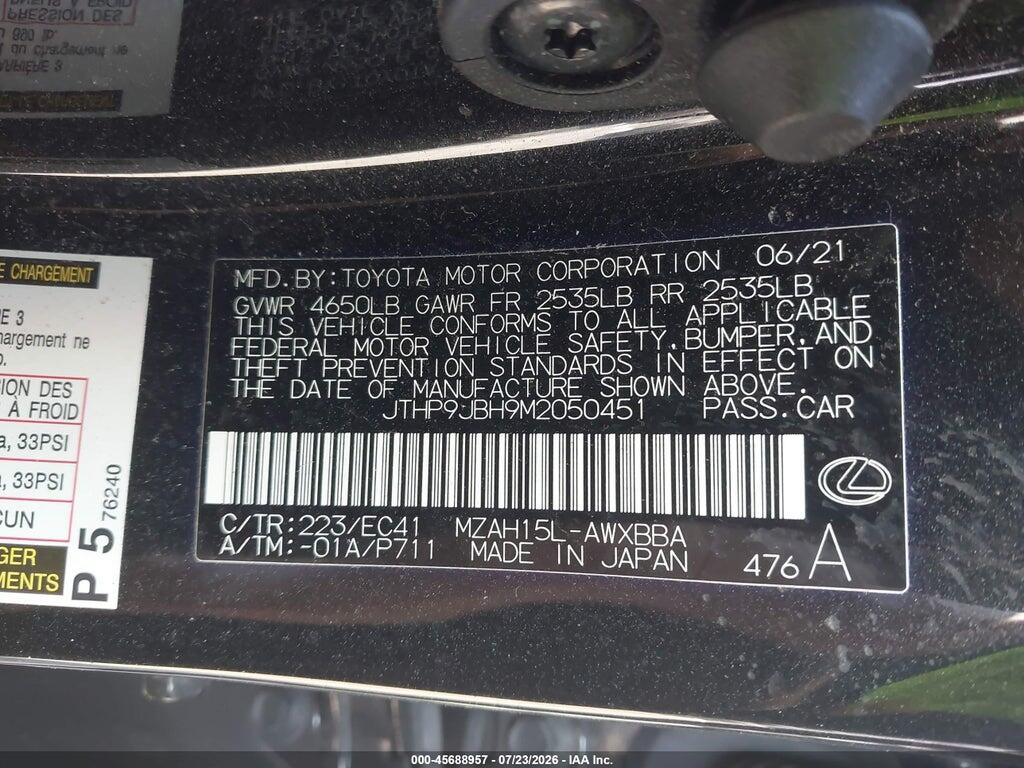 JTHP9JBH9M2050451 2021 LEXUS UX 250H photo no. 9