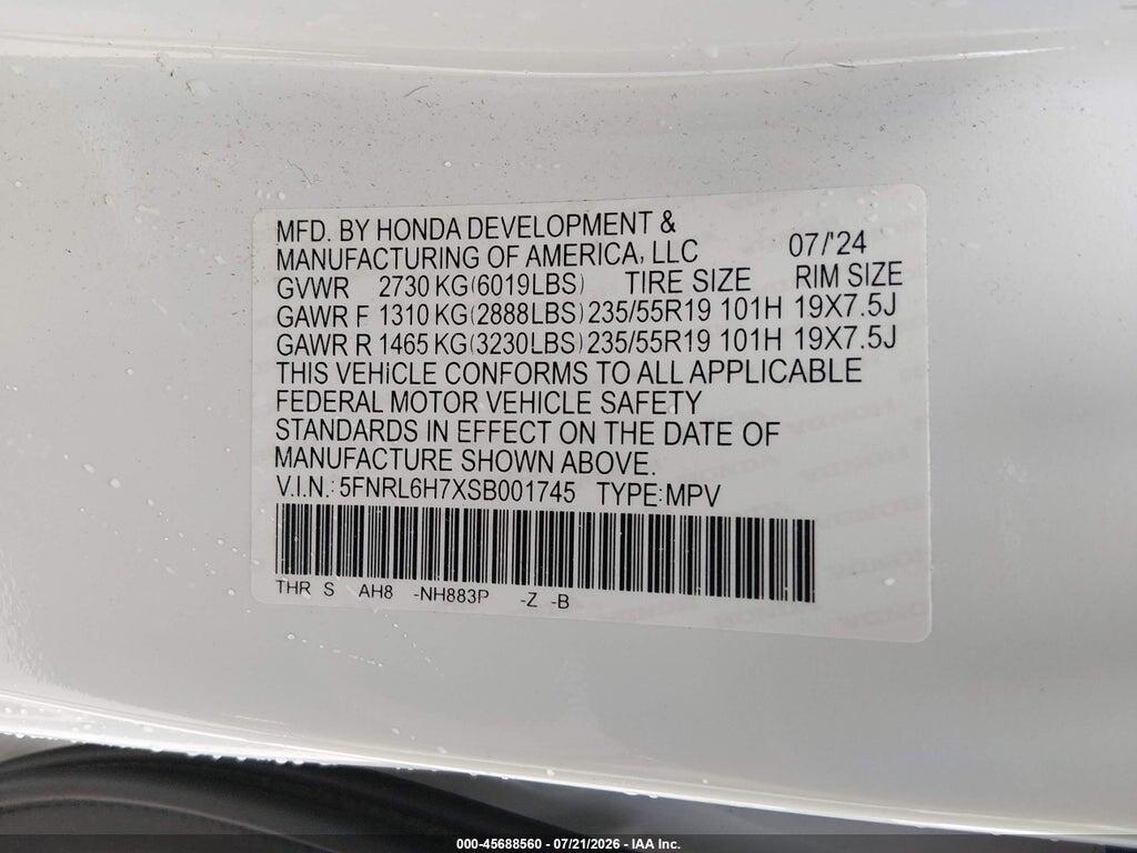 5FNRL6H7XSB001745 2025 HONDA ODYSSEY photo no. 9