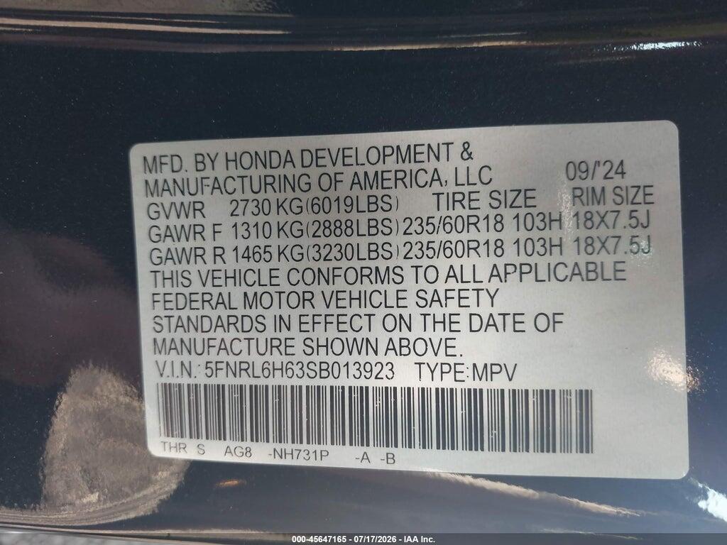 5FNRL6H63SB013923 2025 HONDA ODYSSEY photo no. 9