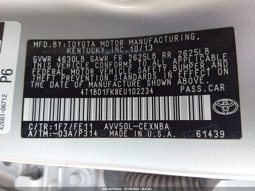4T1BD1FK8EU102234 2014 TOYOTA CAMRY HYBRID photo no. 9