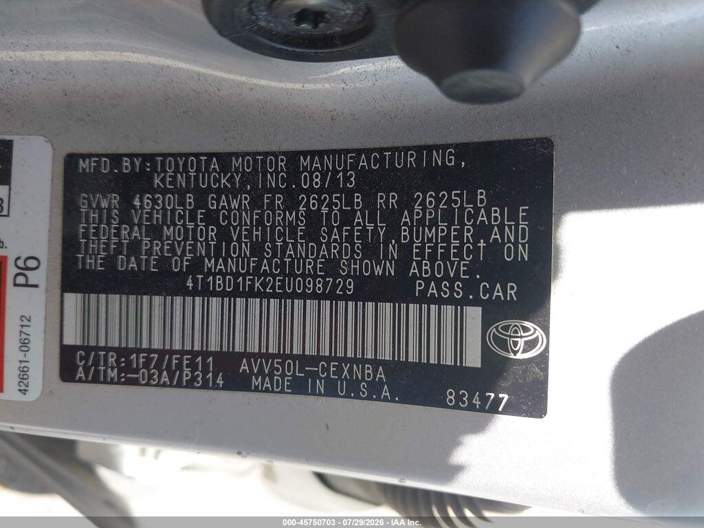 4T1BD1FK2EU098729 2014 TOYOTA CAMRY HYBRID photo no. 9