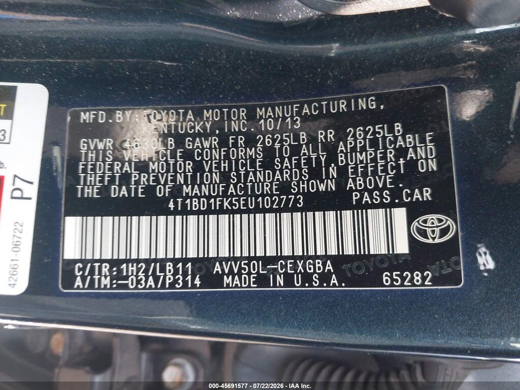 4T1BD1FK5EU102773 2014 TOYOTA CAMRY HYBRID photo no. 9