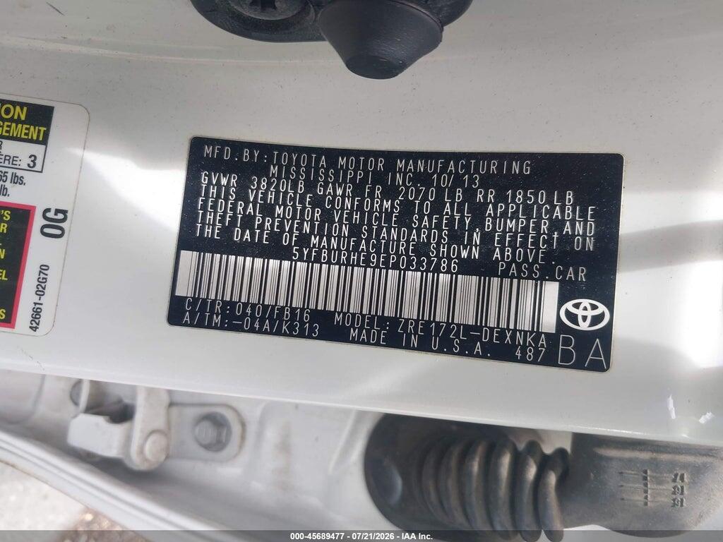 5YFBURHE9EP033786 2014 TOYOTA COROLLA photo no. 9