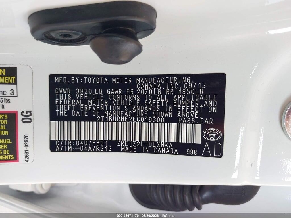 2T1BURHE2EC019308 2014 TOYOTA COROLLA photo no. 9