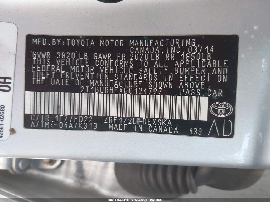 2T1BURHEXEC124727 2014 TOYOTA COROLLA photo no. 9