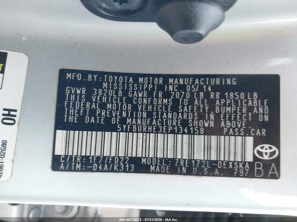 5YFBURHE3EP134158 2014 TOYOTA COROLLA photo no. 9