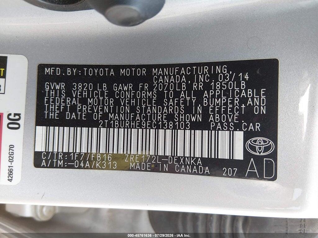 2T1BURHE9EC138103 2014 TOYOTA COROLLA photo no. 9