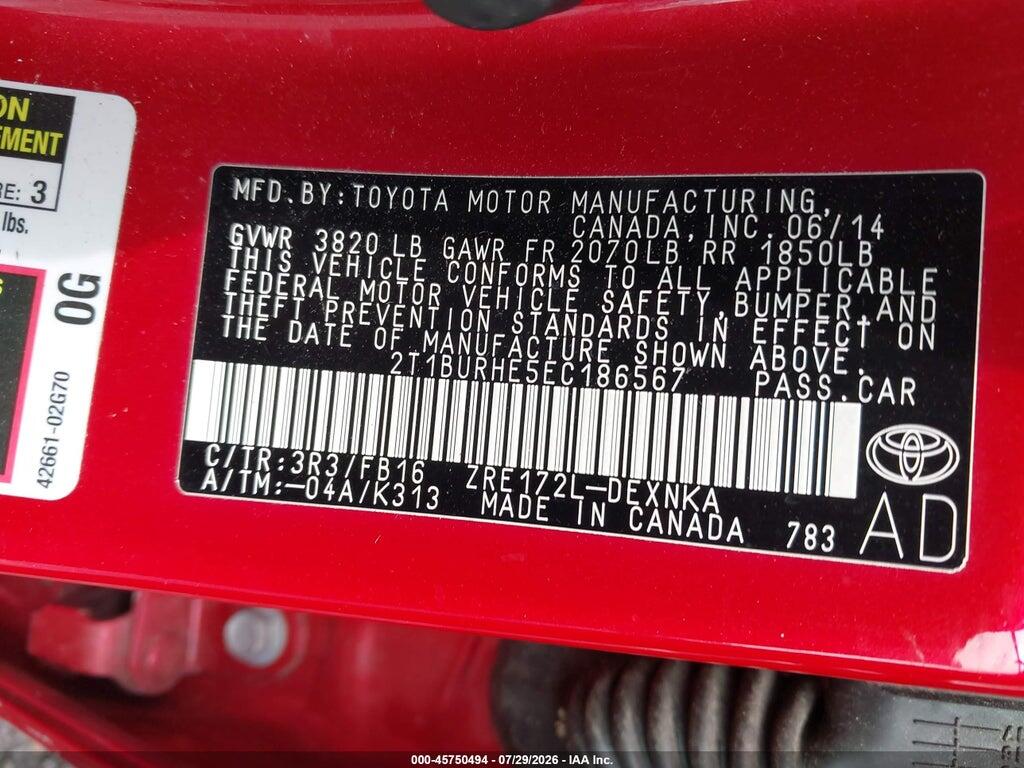 2T1BURHE5EC186567 2014 TOYOTA COROLLA photo no. 9