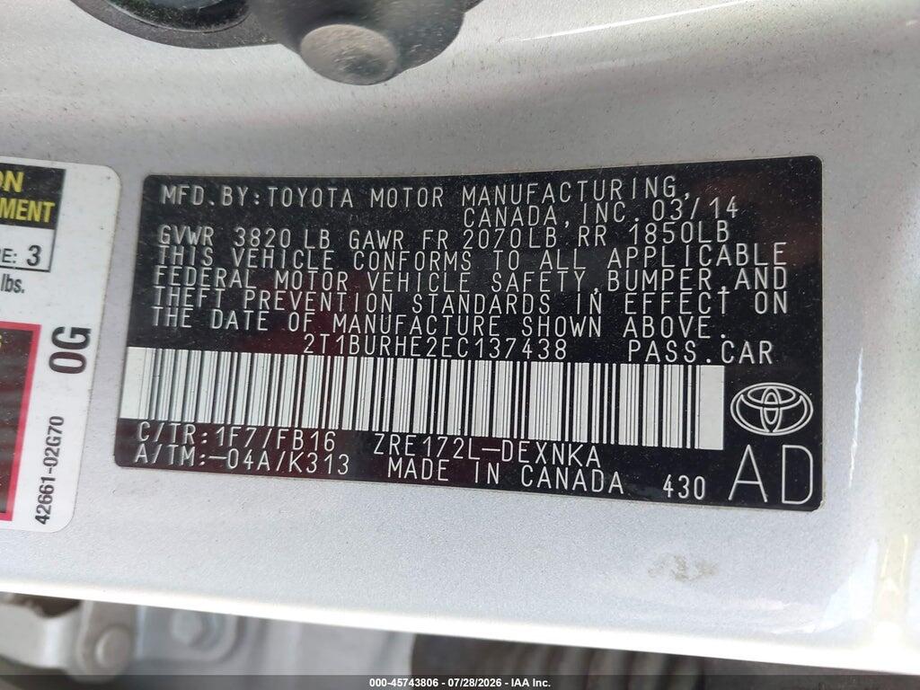 2T1BURHE2EC137438 2014 TOYOTA COROLLA photo no. 9