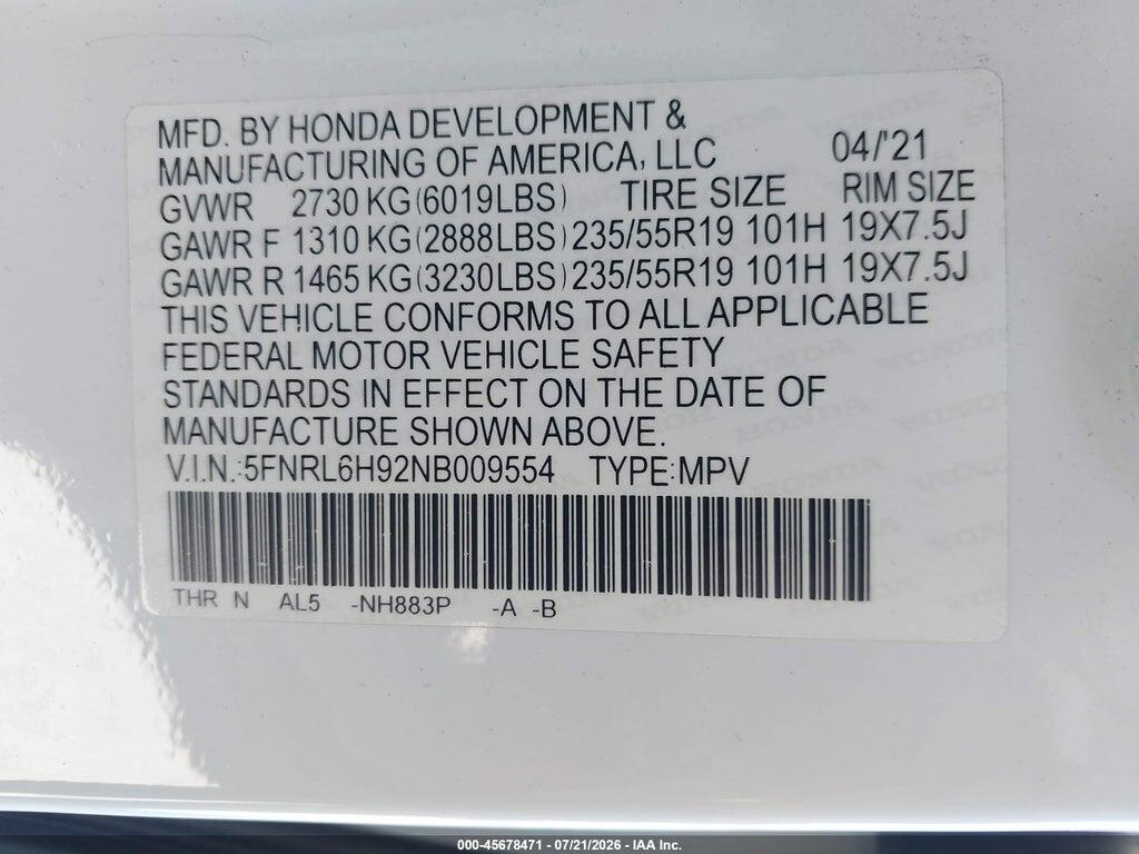 5FNRL6H92NB009554 2022 HONDA ODYSSEY photo no. 9