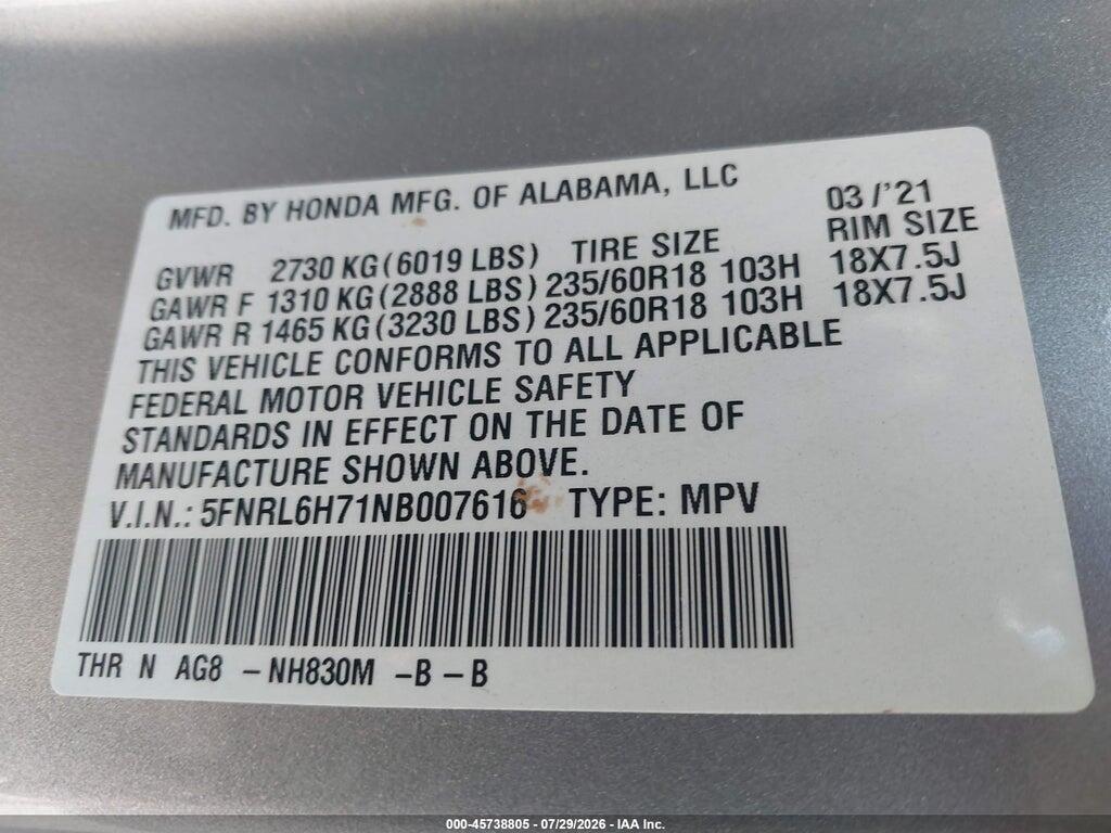 5FNRL6H71NB007616 2022 HONDA ODYSSEY photo no. 9