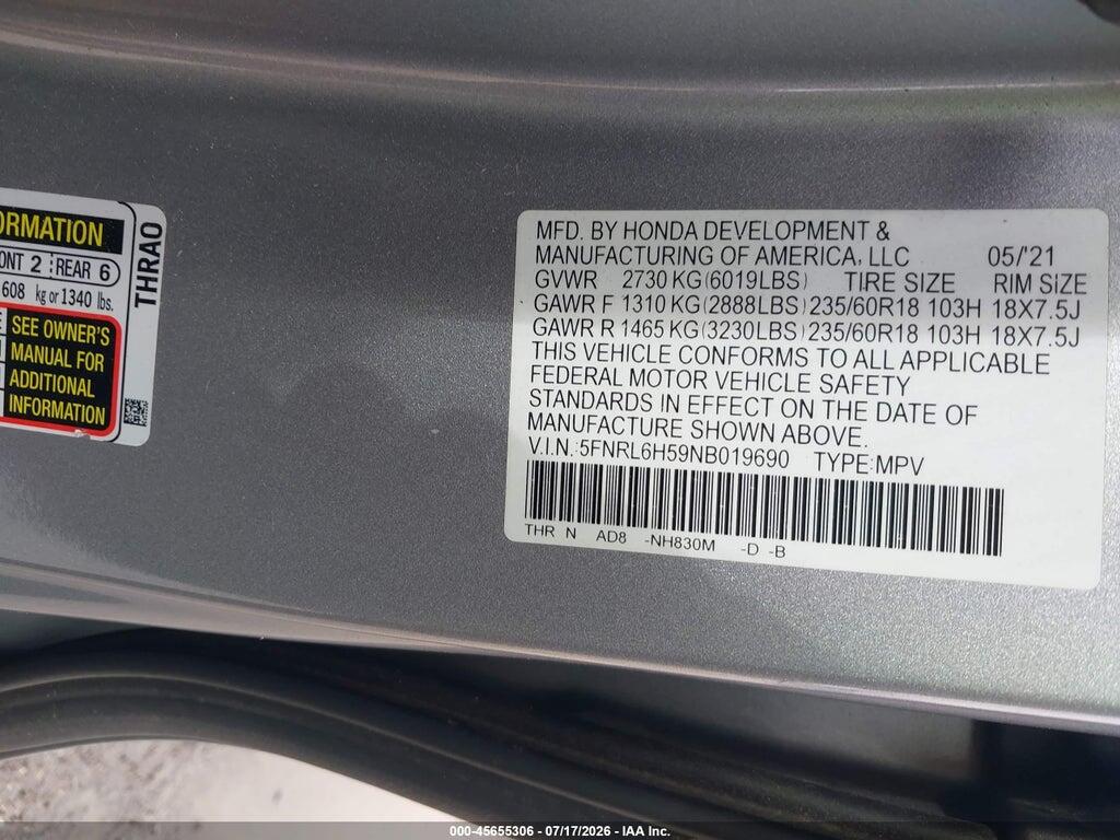 5FNRL6H59NB019690 2022 HONDA ODYSSEY photo no. 9