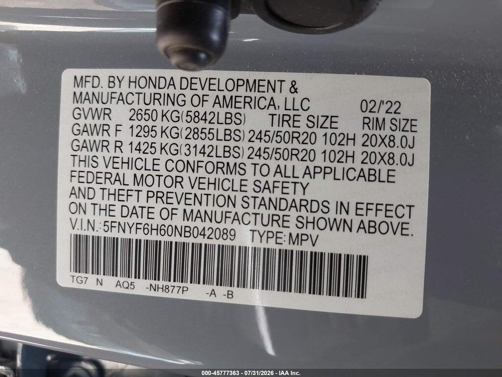 5FNYF6H60NB042089 2022 HONDA PILOT photo no. 9