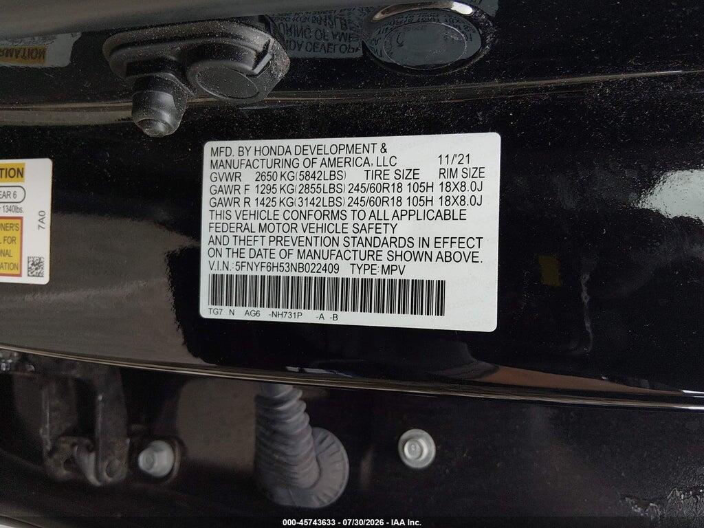 5FNYF6H53NB022409 2022 HONDA PILOT photo no. 9