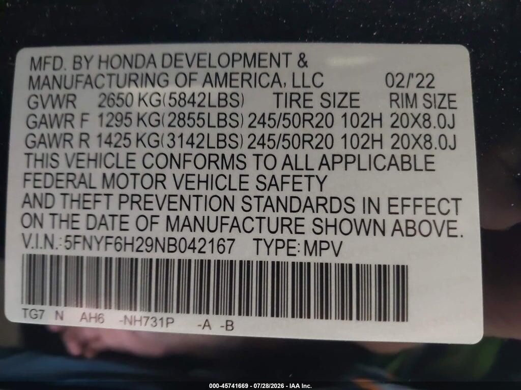 5FNYF6H29NB042167 2022 HONDA PILOT photo no. 9