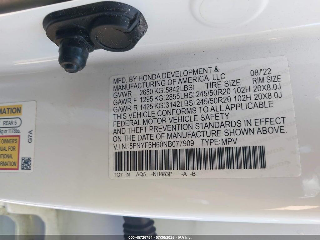 5FNYF6H60NB077909 2022 HONDA PILOT photo no. 9