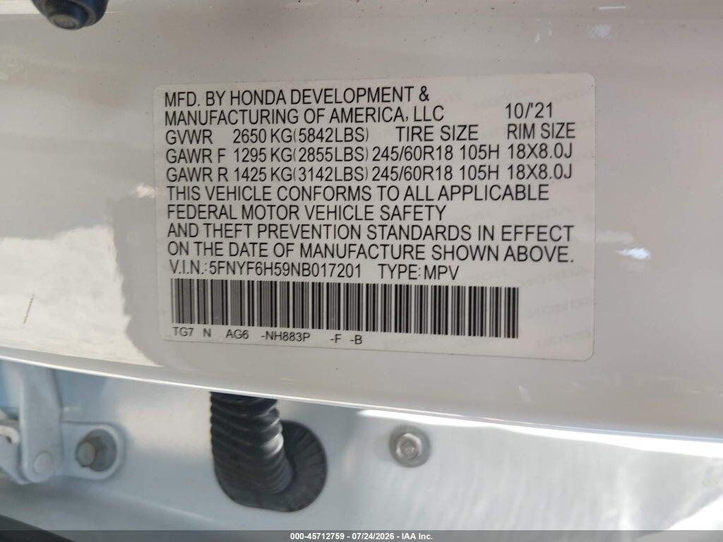 5FNYF6H59NB017201 2022 HONDA PILOT photo no. 9