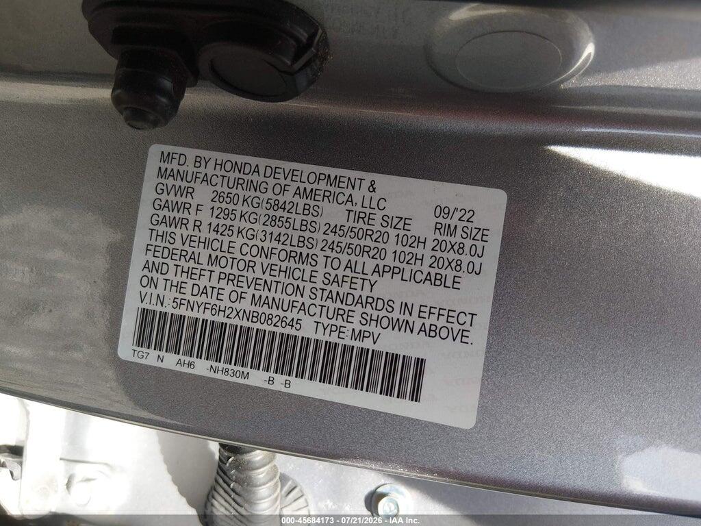 5FNYF6H2XNB082645 2022 HONDA PILOT photo no. 9