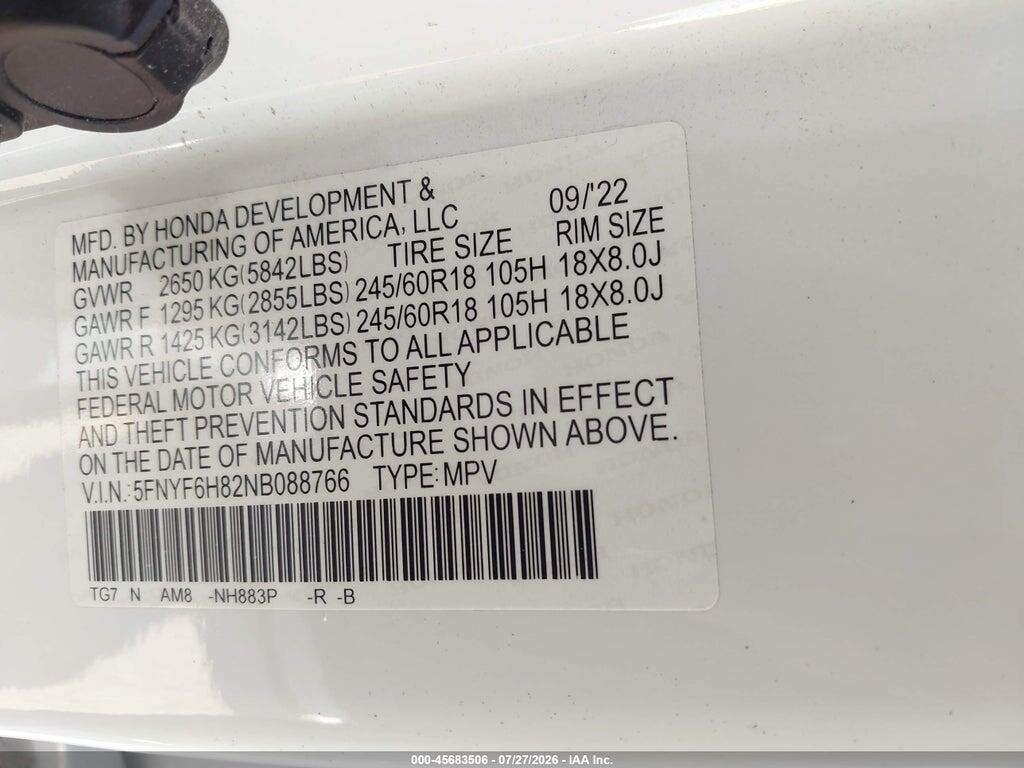 5FNYF6H82NB088766 2022 HONDA PILOT photo no. 9