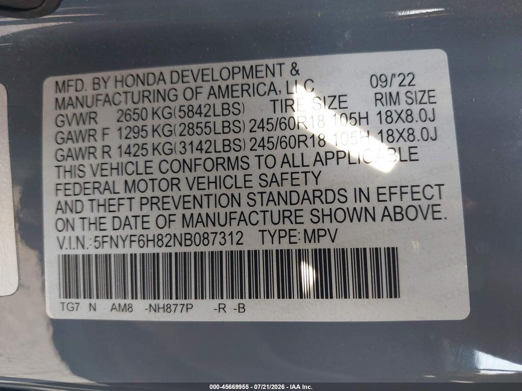 5FNYF6H82NB087312 2022 HONDA PILOT photo no. 9