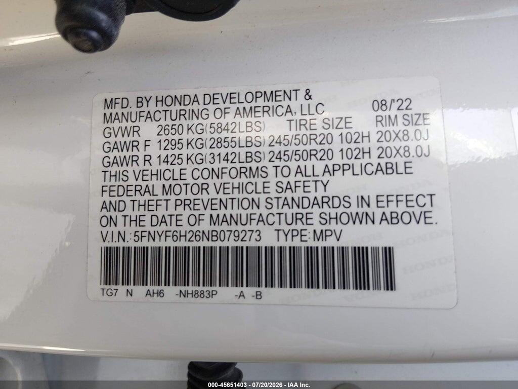 5FNYF6H26NB079273 2022 HONDA PILOT photo no. 9