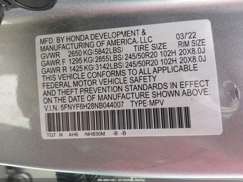 5FNYF6H28NB044007 2022 HONDA PILOT photo no. 9