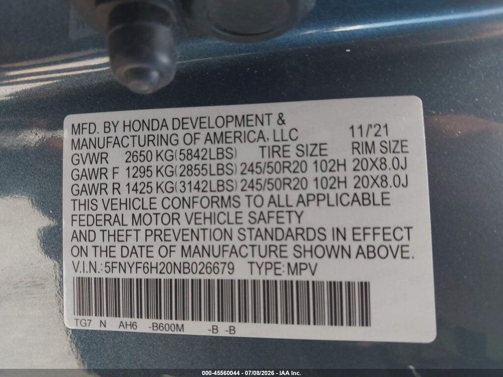 5FNYF6H20NB026679 2022 HONDA PILOT photo no. 9