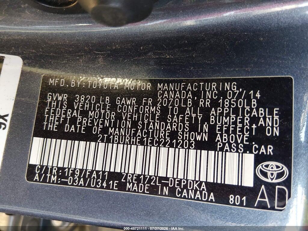 2T1BURHE1EC221203 2014 TOYOTA COROLLA photo no. 9