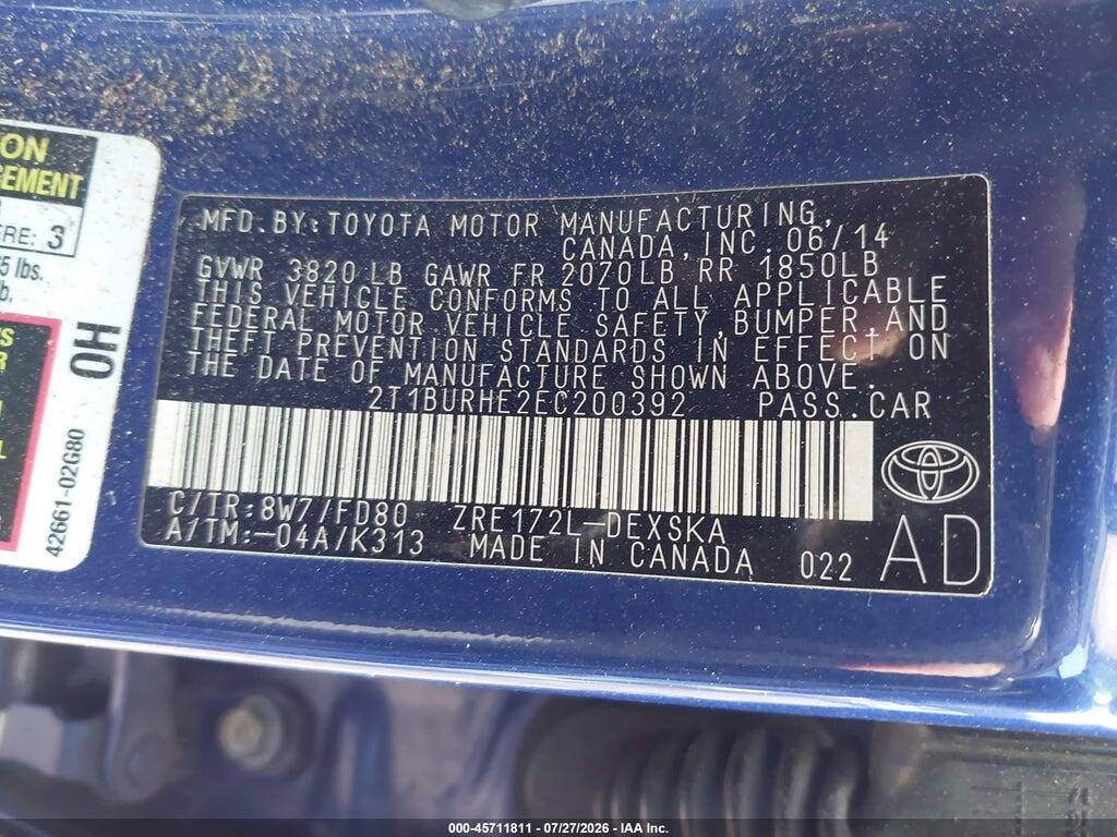 2T1BURHE2EC200392 2014 TOYOTA COROLLA photo no. 9