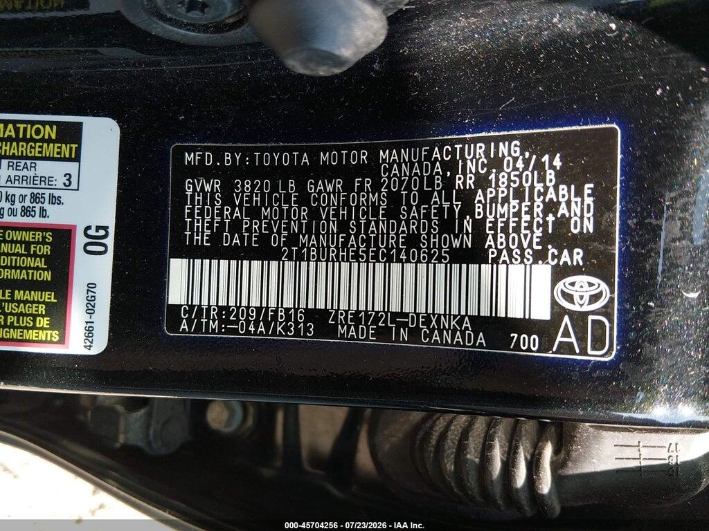 2T1BURHE5EC140625 2014 TOYOTA COROLLA photo no. 9