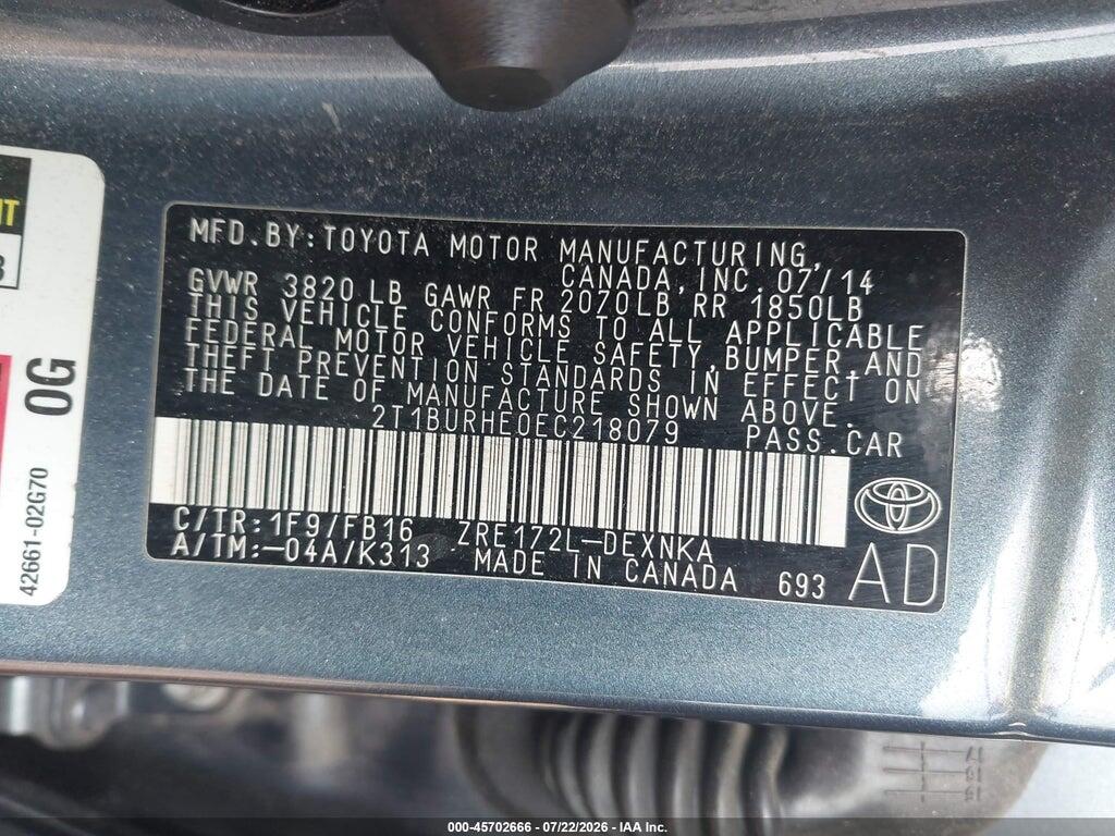 2T1BURHE0EC218079 2014 TOYOTA COROLLA photo no. 9