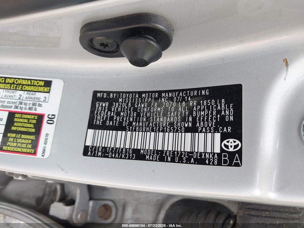 5YFBURHE1EP165750 2014 TOYOTA COROLLA photo no. 9