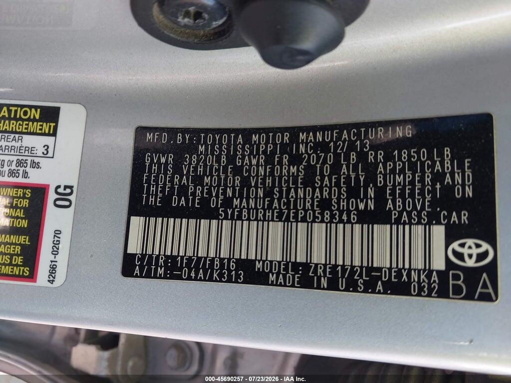 5YFBURHE7EP058346 2014 TOYOTA COROLLA photo no. 9