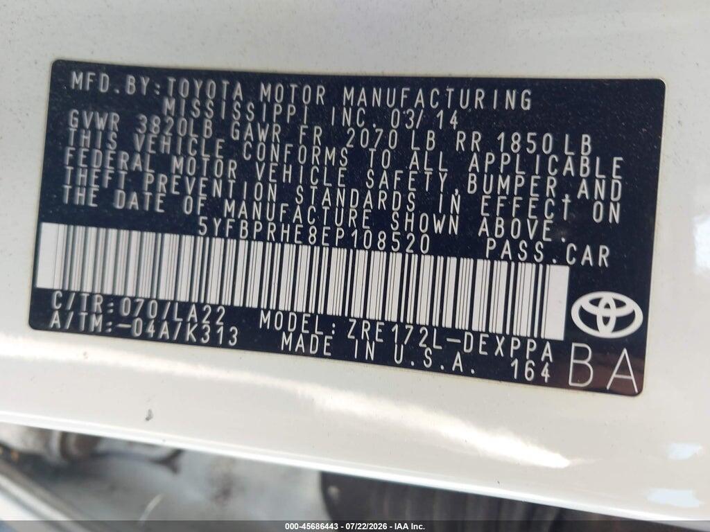 5YFBPRHE8EP108520 2014 TOYOTA COROLLA photo no. 9