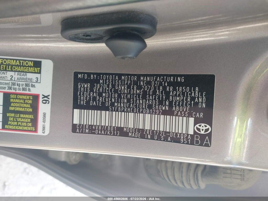 5YFBPRHE0EP091292 2014 TOYOTA COROLLA photo no. 9