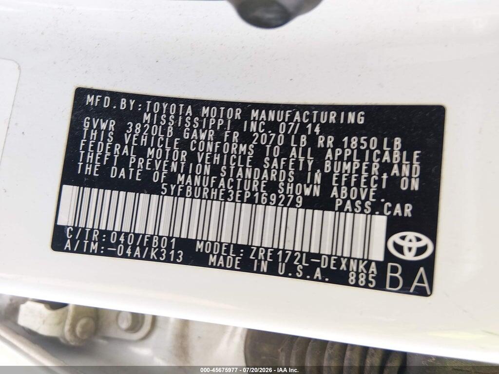 5YFBURHE3EP169279 2014 TOYOTA COROLLA photo no. 9