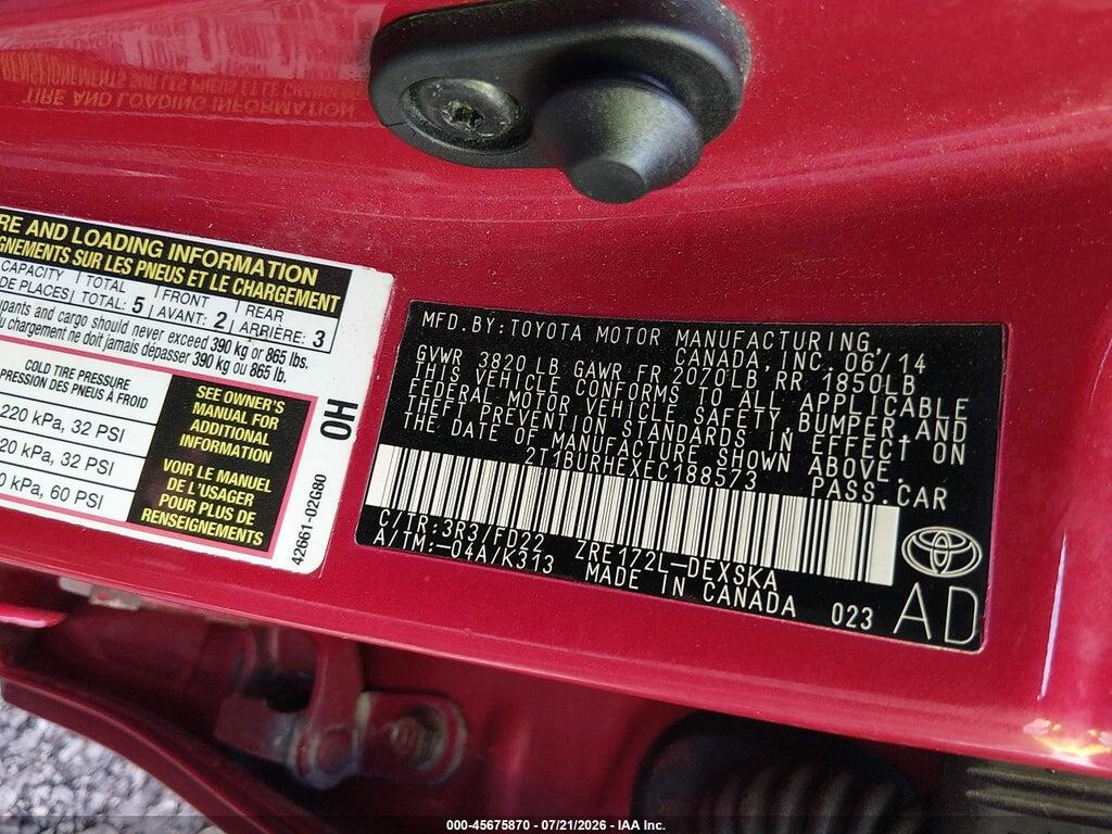 2T1BURHEXEC188573 2014 TOYOTA COROLLA photo no. 9