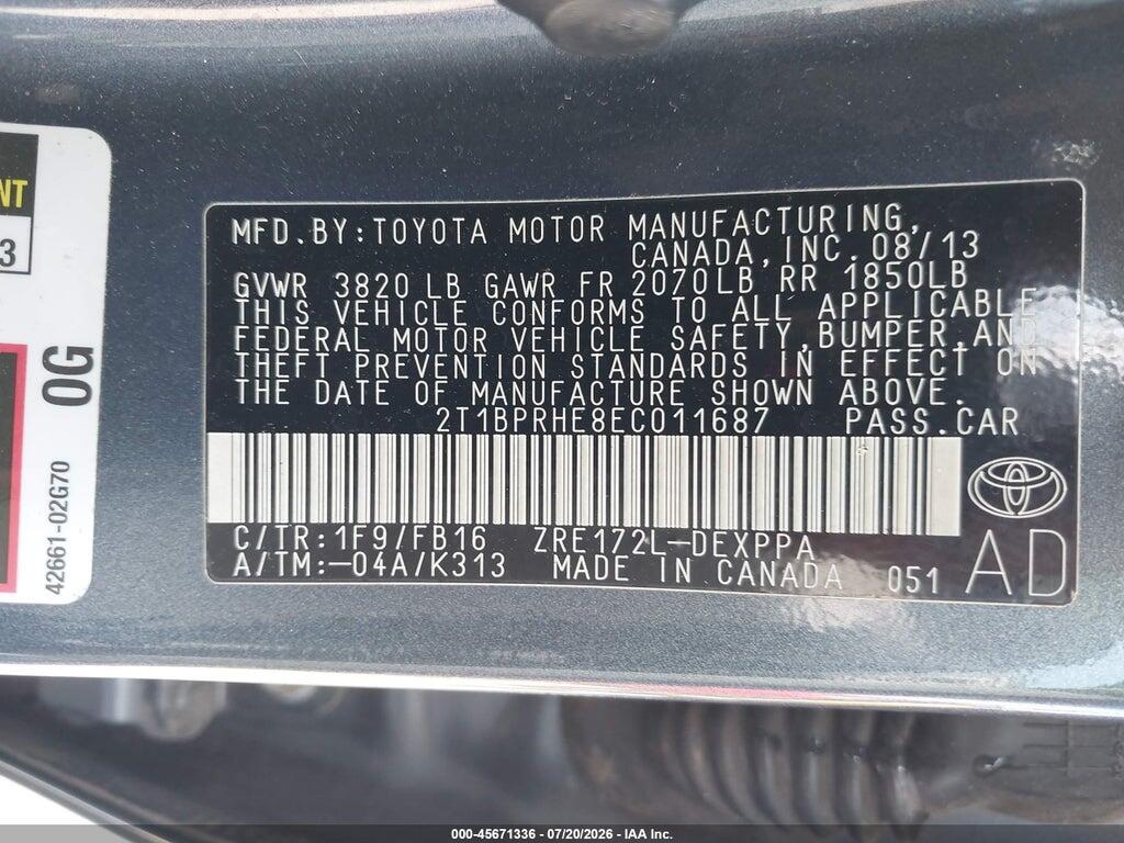2T1BPRHE8EC011687 2014 TOYOTA COROLLA photo no. 9