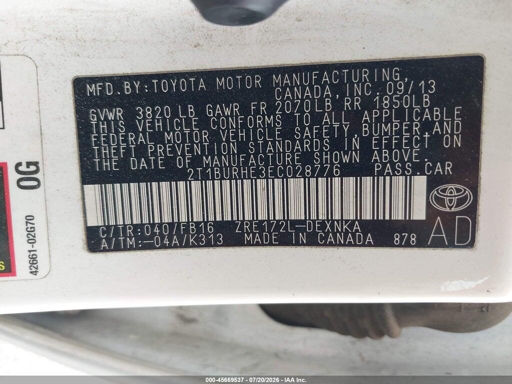 2T1BURHE3EC028776 2014 TOYOTA COROLLA photo no. 9