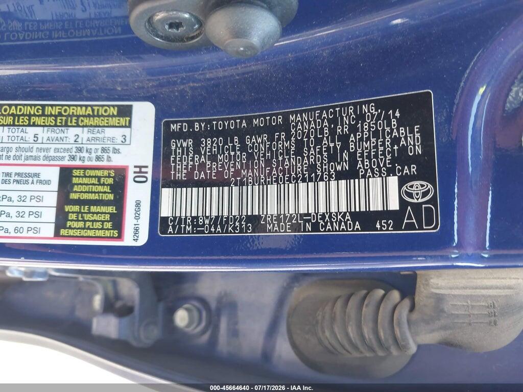 2T1BURHE0EC211763 2014 TOYOTA COROLLA photo no. 9