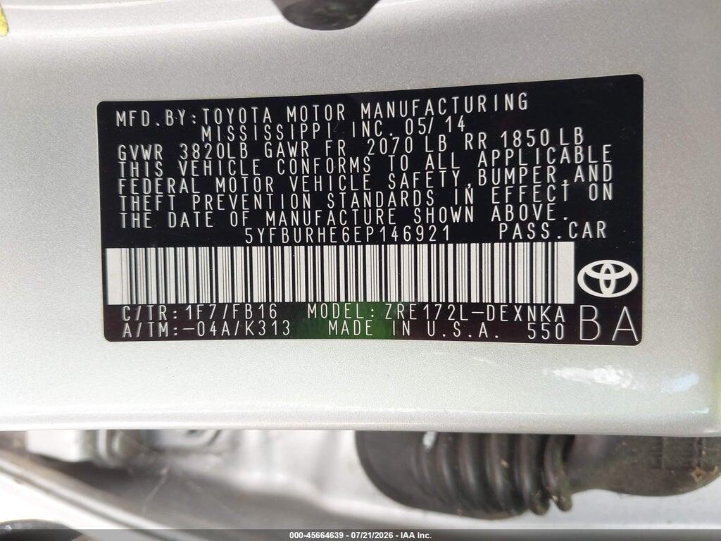 5YFBURHE6EP146921 2014 TOYOTA COROLLA photo no. 9