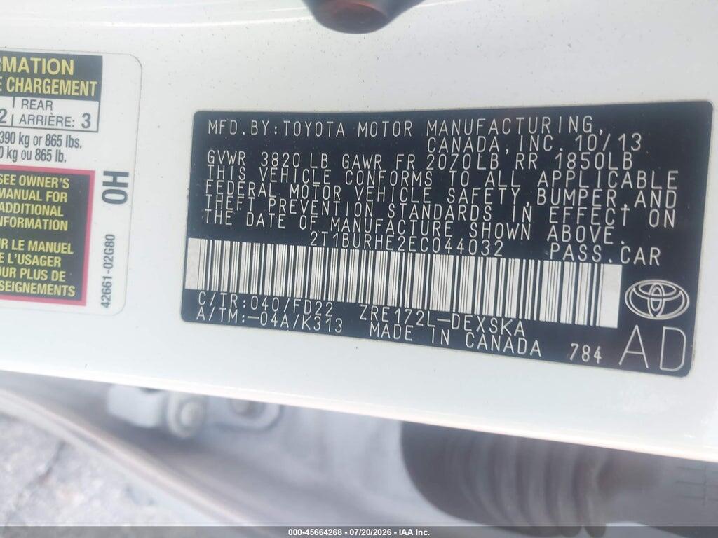 2T1BURHE2EC044032 2014 TOYOTA COROLLA photo no. 9