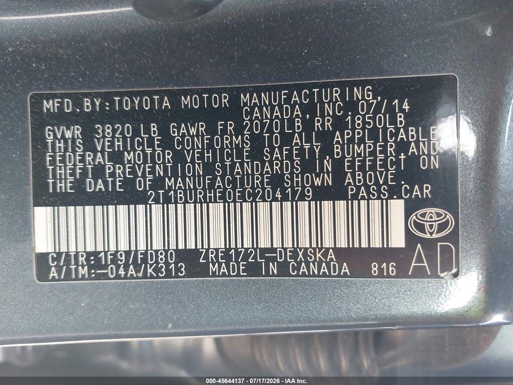 2T1BURHE0EC204179 2014 TOYOTA COROLLA photo no. 9