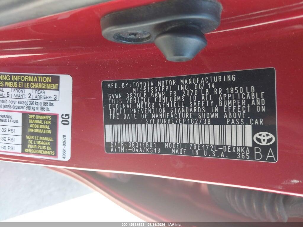5YFBURHE7EP162738 2014 TOYOTA COROLLA photo no. 9
