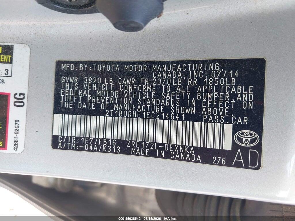 2T1BURHE1EC214641 2014 TOYOTA COROLLA photo no. 9